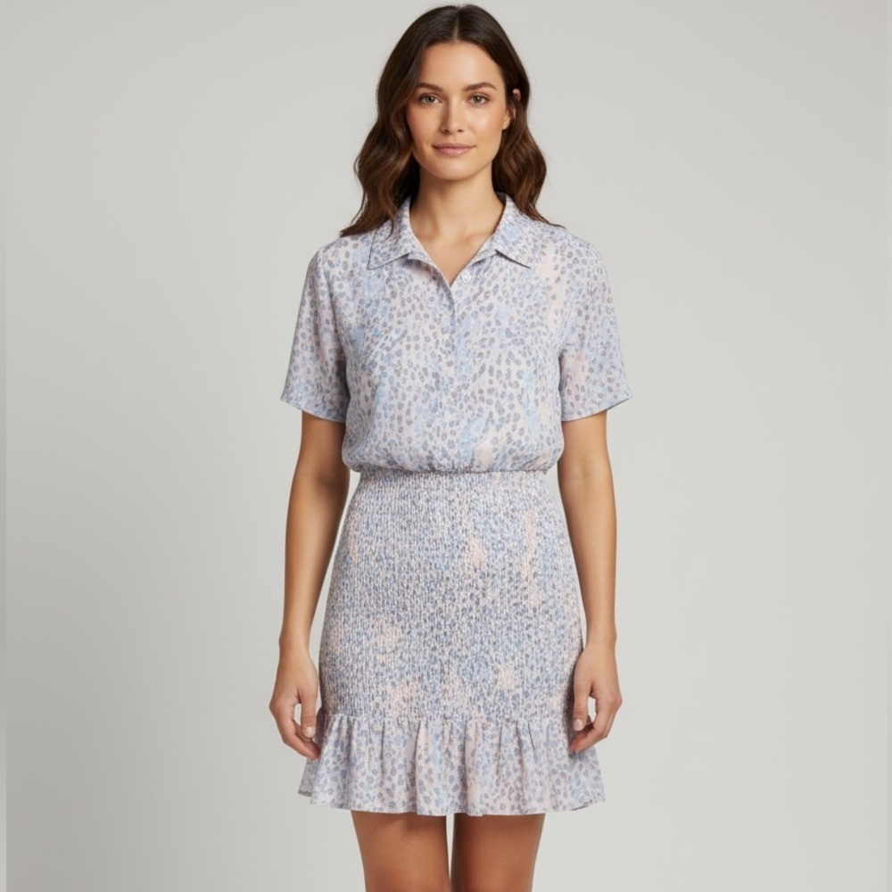 Aqua Smocked Animal Print Mini Dress NWT Pink Blue Ruffle Hem Size S
